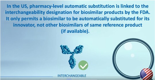 in the US, pharmacy-level automatic substitution is linked to the interchangeability designation for biosimilar products by the FDA. It only permits a biosimilar to be automatically substituted for its innovator, not other biosimilars of same reference product (if available)